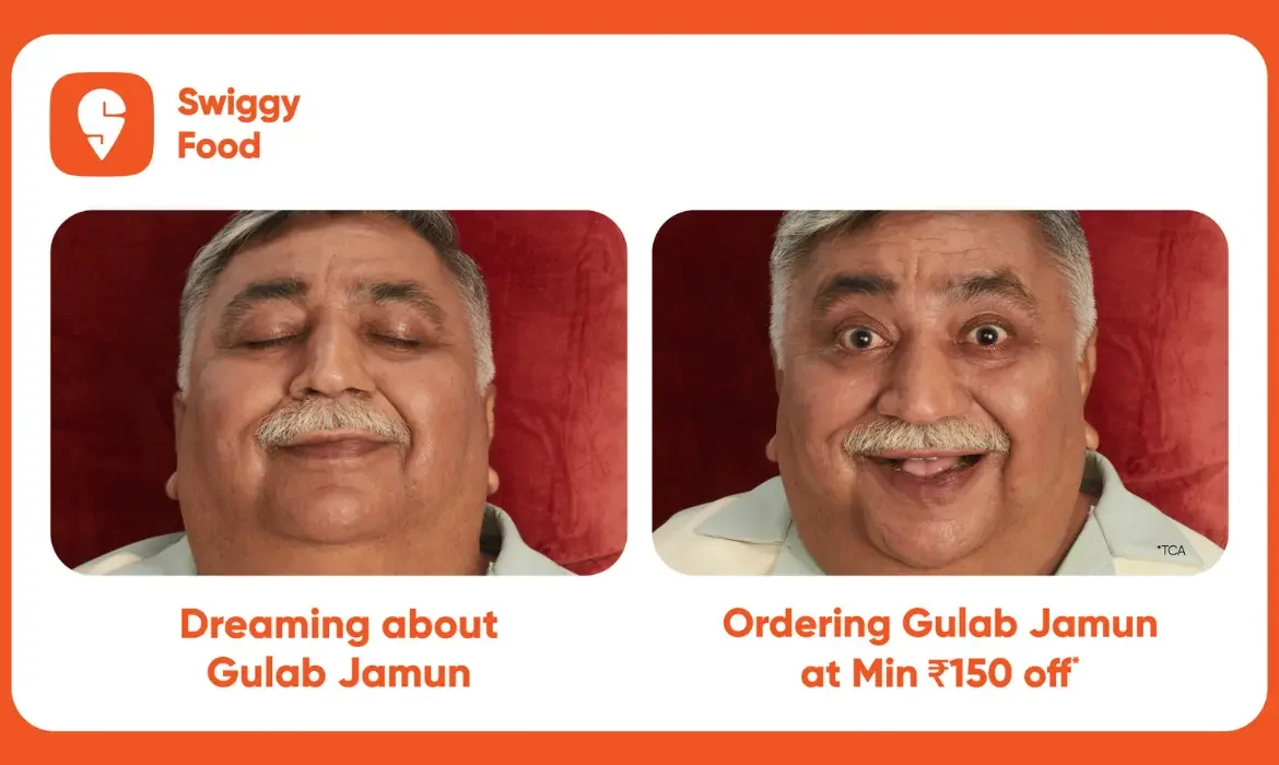 Swiggy, Gulaab Jamun Uncle, Aunty, Harsha Bhogle, on-time delivery, campaign, cricket, humor, advertising, India.