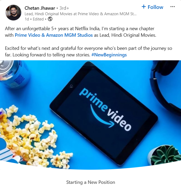 Netflix, Prime Video & Amazon MGM Studios, Chetan Jhawar, Amazon MGM Studios, Lead, Hindi Original Movies, Prime Video, LinkedIn, hindi original movies, original movies, foreign original films, Leo Burnett, ALT Balaji, Red Chillies Entertainment, Star TV Network, manager, creative intern, creative, international original film, Netflix, manager,, international 