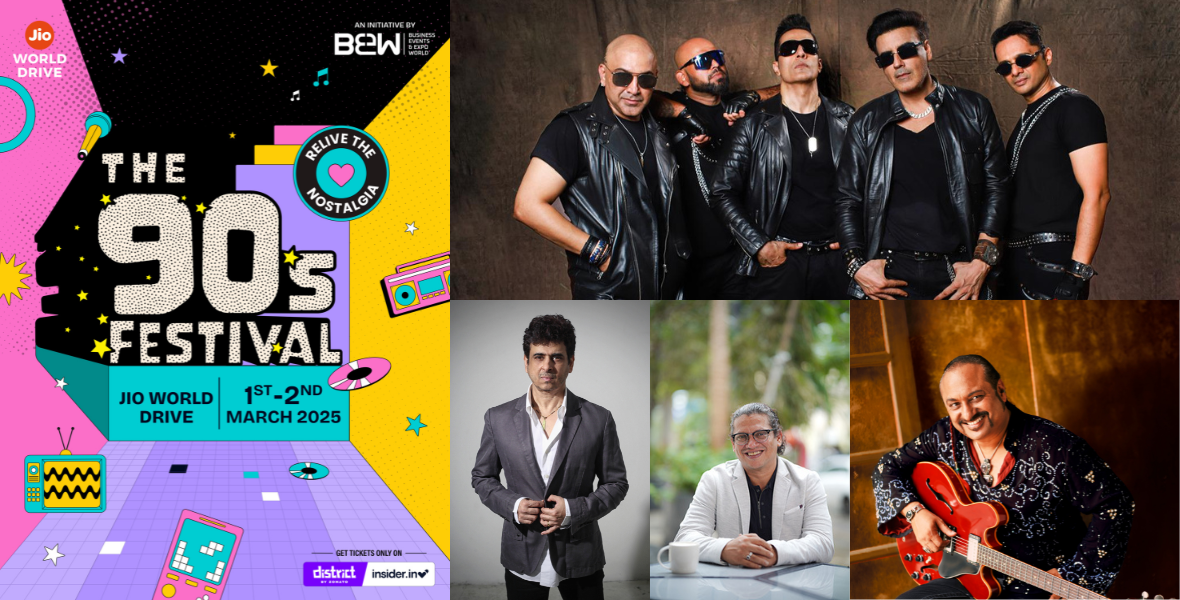 The 90’s Festival, BEW Live, Mumbai, Jio World Drive, nostalgia festival, 90’s music, live music festival, Indian pop music, retro experience, Navneeth Mohan, Euphoria, Indian Ocean, Band of Boys, Aasma, Baba Sehgal, Leslie Lewis, Devang Patel, Shivani Kashyup, Jaan Kumar Sanu, Ishita Vishwakarma, Kumar Sanu tribute, Lata Mangeshkar tribute, Palash Sen, live performances, indie pop, retro arcade games, celebrity appearances, 90’s street food, immersive experiences, nostalgia event, District app, Insider website, Mavcomm Consulting, 90’s themed décor, pop culture event, Indian rock music, music lovers, nostalgia seekers, entertainment industry, 90’s magic, 90’s vibes, cultural expression, music festival Mumbai,