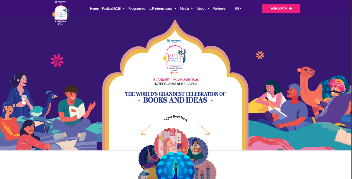 ADK India, Jaipur Literature Festival, website redesign, digital experience, mobile-first design, user experience, cultural richness, peacock symbolism, storytelling, event schedules, speaker profiles, ticketing options, dynamic layout, visual design, Teamwork Arts, digital platform, modern design, traditional elements, interactive elements, seamless interface, festival branding, user-friendly website, cultural festival, storytelling power, vibrant design, festival grandeur, literary festival, JLF digital platform, innovative website design, festival technology, cultural heritage, festival website, event website design, modern festival website,