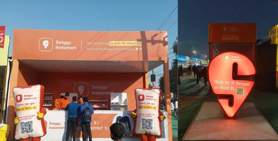 Swiggy Instamart, Maha Kumbh Mela, Triveni Sangam, Swiggy stall, essentials at Kumbh, lost and found Kumbh, QR code meeting point, Swiggy S-pin, Amitesh Jha, power banks Kumbh, torches Kumbh, batteries Kumbh, towels Kumbh, Swiggy convenience, Kumbh navigation, Kumbh spiritual journey, cultural innovation, devotional gathering, Swiggy landmark, historic event Kumbh, Swiggy Instamart initiative, festival essentials, meeting point Kumbh, Swiggy lost and found, Swiggy cultural relevance, Maha Kumbh convenience, Swiggy Kumbh activation, Swiggy QR location, Kumbh festival support,