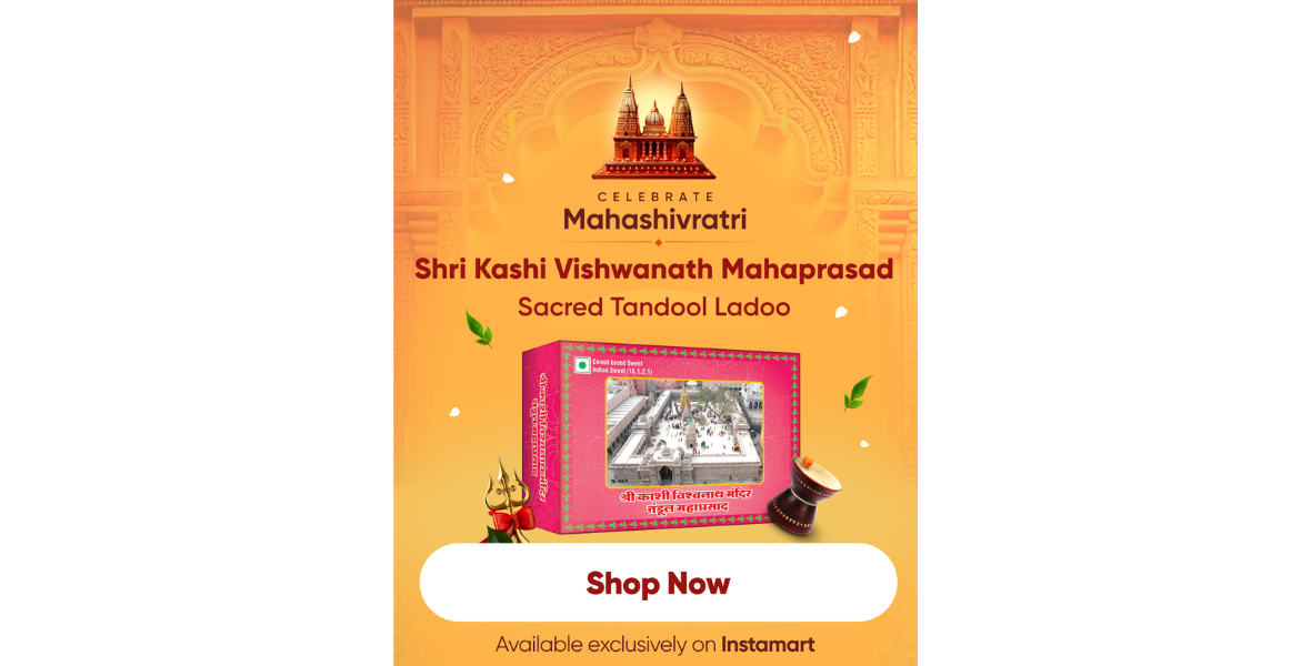 Maha Shivratri, Swiggy Instamart, Tandool Mahaprasad Ladoos, Kashi Vishwanath Temple, sacred offerings, temple prasad delivery, quick commerce, devotional food, spiritual experience, fasting essentials, religious celebrations, Lord Shiva, Amul organic rice, desi ghee, puja essentials, festival specials, Maha Shivratri prasad, Swiggy delivery, holy prasad online, authentic temple prasad, Bilwa Patra, Amul Panchamrit, Amul Kool Thandai, handcrafted Lord Shiva figurines, Shivling & Naag Devta showpieces, Shiv Chalisa, Indian festivals, online prasad delivery, Swiggy temple offerings, Varanasi prasad, Maha Shivratri rituals, Hindu festival food,