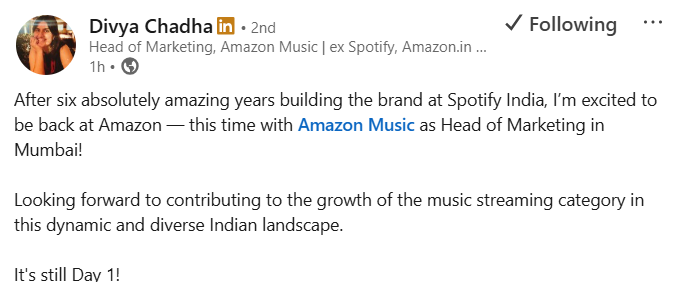 Divya Chadha, Amazon Music India, Head of Marketing, Spotify India, music streaming, marketing leadership, brand marketing, digital marketing, Amazon Music, Indian music industry, marketing executive, music streaming India, adtech news, marketing appointment, Amazon India, Spotify alum, consumer marketing, music platform marketing, brand strategy, marketing professional India,