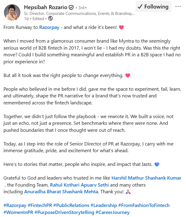 Hepsibah Rozario, Razorpay, Senior Director PR and Branding, PR leadership, fintech branding, Razorpay leadership, Hepsibah Rozario Razorpay, PR in fintech, branding elevation, Indian fintech news, communications head Razorpay, PR industry India, Razorpay brand strategy, fintech PR India, Razorpay promotion, women in fintech, B2B branding, Indian PR professionals, Razorpay communications, fintech industry India,
