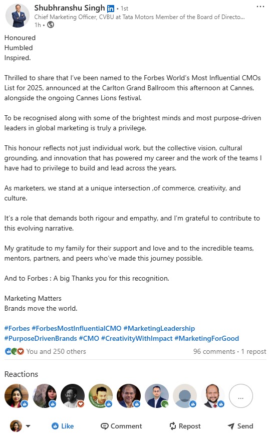 Shubhranshu Singh, Forbes Most Influential CMOs 2025, Tata Motors CMO, global marketing leaders, Cannes Lions 2025, influential CMOs list, Effie LIONS Foundation, marketing leadership, brand innovation, purpose-driven marketing,