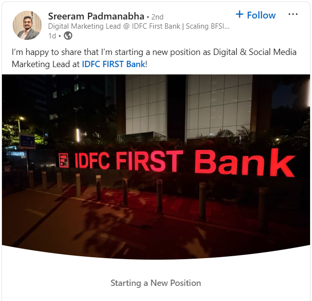 Sreeram Padmanabha appointed as Digital & Social Media Marketing Lead at IDFC FIRST Bank,