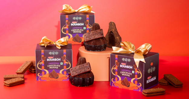 Limited-edition Britannia Bourbon Chocolate Modak by Bombay Sweet Shop, featuring rich chocolate peda with Bourbon Choco Creme and edible gold for Ganesh Chaturthi