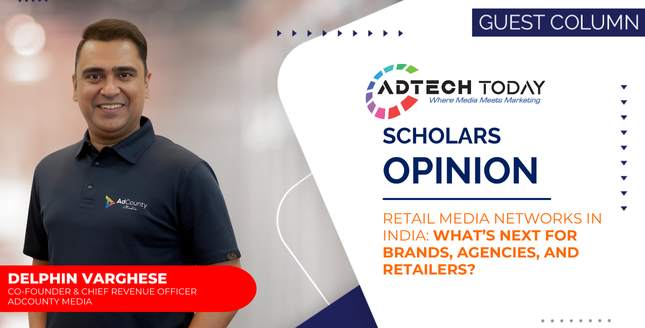 Illustration of retail media growth in India showing ecommerce platforms, quick commerce apps, and advertising data insights,