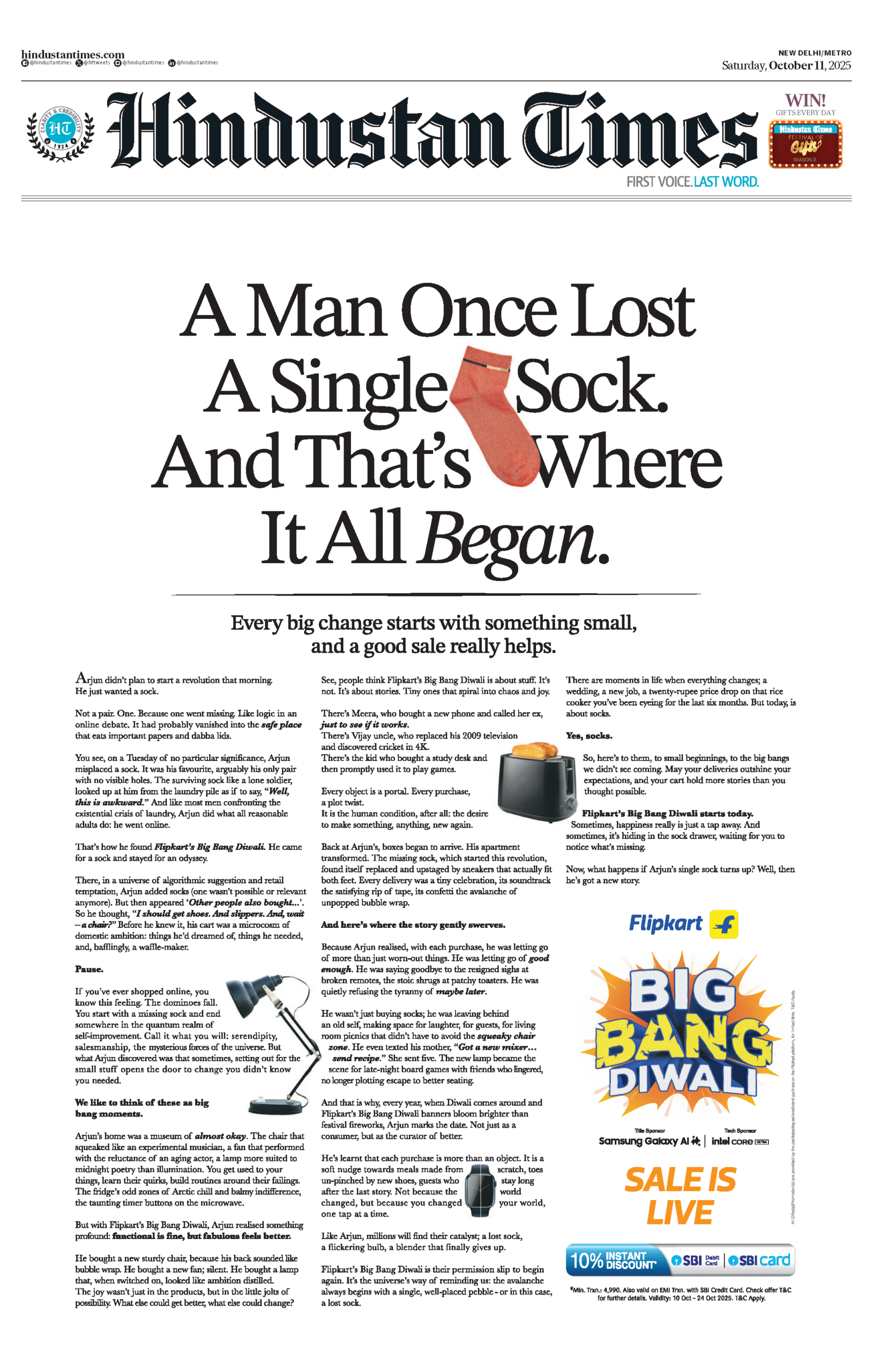 Flipkart’s Diwali 2025 campaign “A Man Once Bought A Single Sock” revives long-form storytelling through a nostalgic full-page print ad