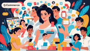 AI-generated illustration of Quick Commerce 2025, showing fast delivery, technology, and customer interaction,