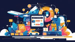AI-generated illustration of Quick Commerce 2025, showing fast delivery, technology, and customer interaction,