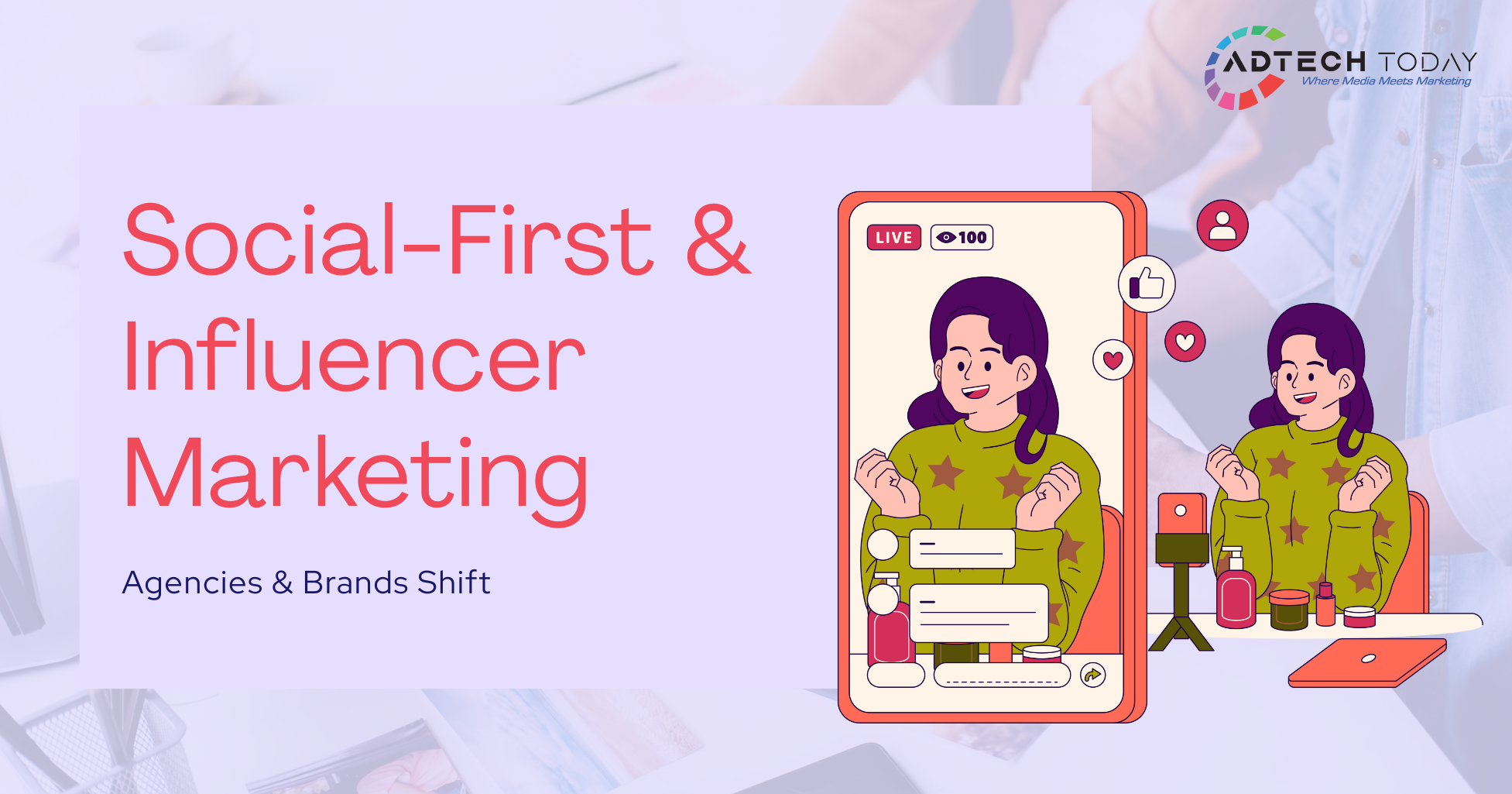 Illustration of brands and influencers engaging audiences in real-time on social media, highlighting social-first marketing strategies,