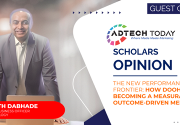 Digital out-of-home screens in a city displaying programmatic ads connected to mobile and online channels,