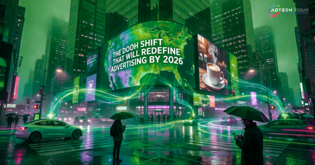 Digital out-of-home advertising screens displaying dynamic, data-driven creatives in an urban environment,