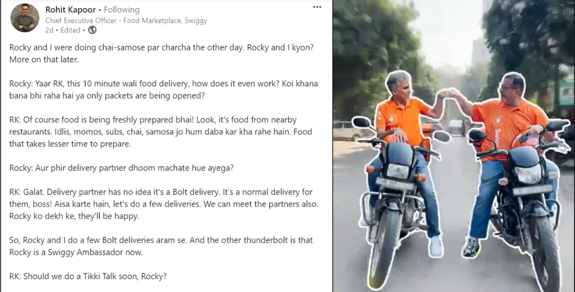 Rohit Kapoor, CEO, Swiggy Foods, behind the scenes, experience, delivery partner, initiative, restaurants, social media, Rocky Singh, highway on my plate, consumers, food delivery, Go Pros, customers, delivery partner app, delivery partner, Bolt, 10-minute food delivery, ecommerce, quick commerce, food delivery app, Swiggy Marketplace