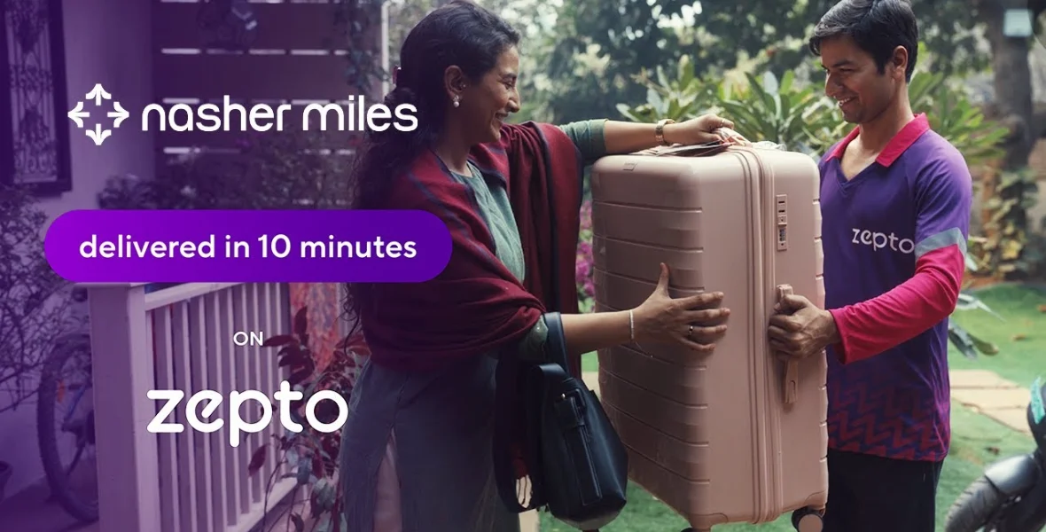 Nasher Miles, Zepto, Nasher Miles on Zepto, luggage launch, travel luggage, travel accessories, quick commerce, quirky campaign, doorstep delivery, durable luggage, quick delivery, 10-minute delivery, Nasher Miles campaign, travel essentials, online shopping, cab travel luggage, modern luggage solutions,