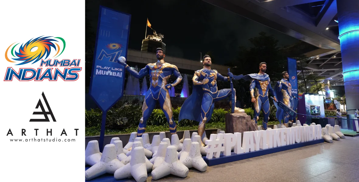 Mumbai Indians, Play Like Mumbai, Rohit Sharma, Hardik Pandya, Surya Kumar Yadav, Jasprit Bumrah, Arthat Studio LLP, Mumbai Airport, Chhatrapati Shivaji Maharaj International Airport, CSMIA, cricket sculptures, cricket statues, cricket art, Mumbai art scene, IPL 2025, Mumbai Indians campaign, sports installation, cricket fan experience, cricketing idols, lifelike sculptures, cricket marketing campaign, fan engagement, Mumbai cricket culture, cricket icons, larger than life statues, player tributes, sports and art, Arthat Studio, cricket in Mumbai, MI players statues, T2 airport installation, Indian Premier League, cricketing legacy, public art installation, sports tribute sculptures,