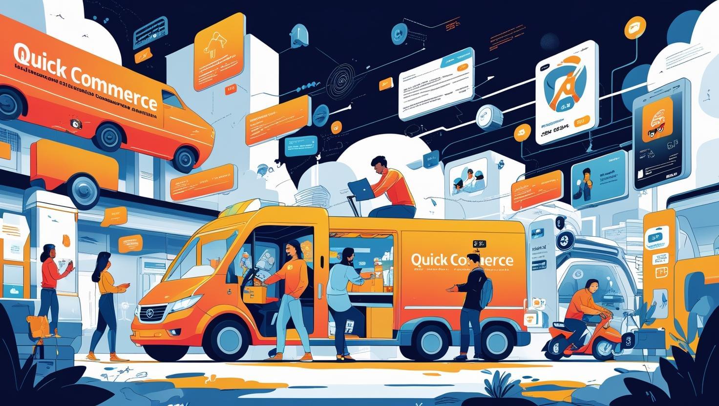 AI-generated illustration of Quick Commerce 2025, showing fast delivery, technology, and customer interaction,