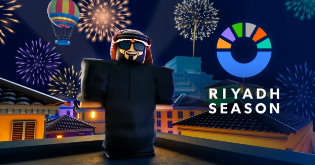 Riyadh Season Roblox world created by The Gang and Big Time Creative Shop featuring games, landmarks, fireworks, and 1M Robux prizes