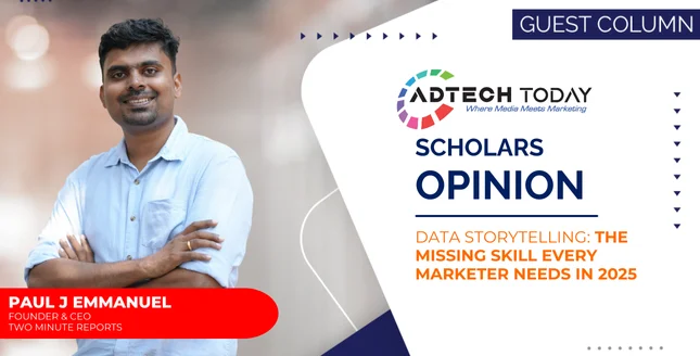 Illustration of a marketer turning charts and performance data into a narrative-style presentation,